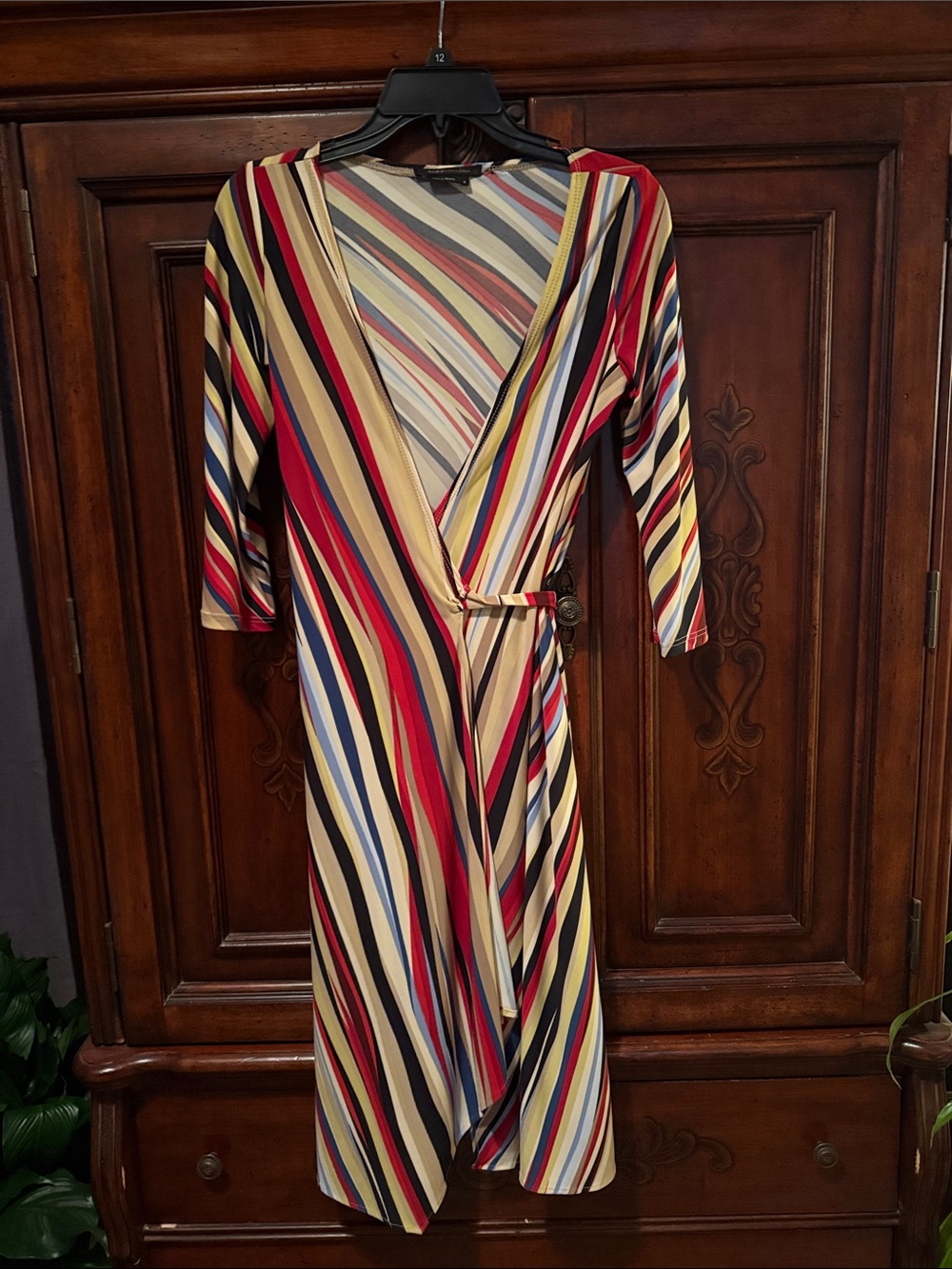 BCBGMaxAzria Diagonal Striped Midi Wrap Dress in Red, Blue, Yellow, Black, Cream